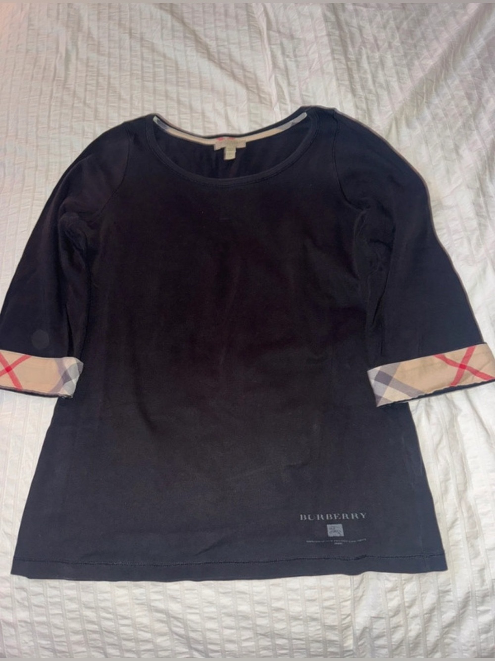 BURBERRY BRIT Women Black 3/4 Sleeve Top Shirt Size XL Nova Check Cuff Logo